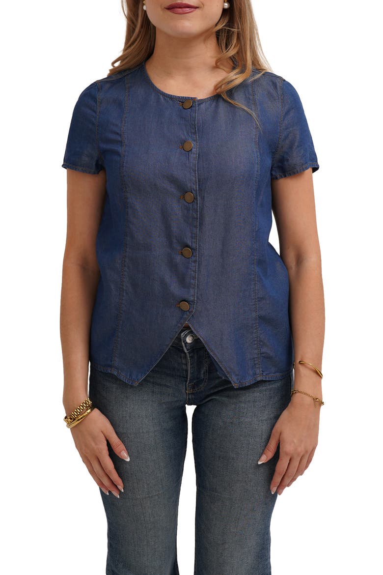 Short Sleeve Button Front Top, Main, color, TIDE DENIM