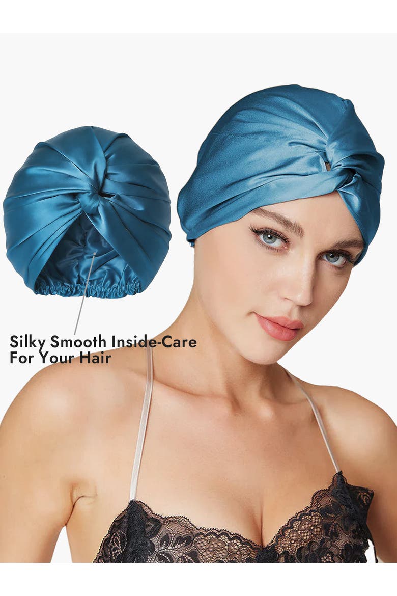 Pure Silk Knot-Front Hair Bonnet, Alternate, color, Teal