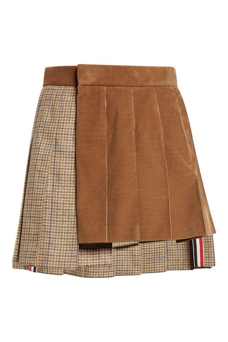 Pleated Mixed Media Miniskirt, Alternate, color, BROWN