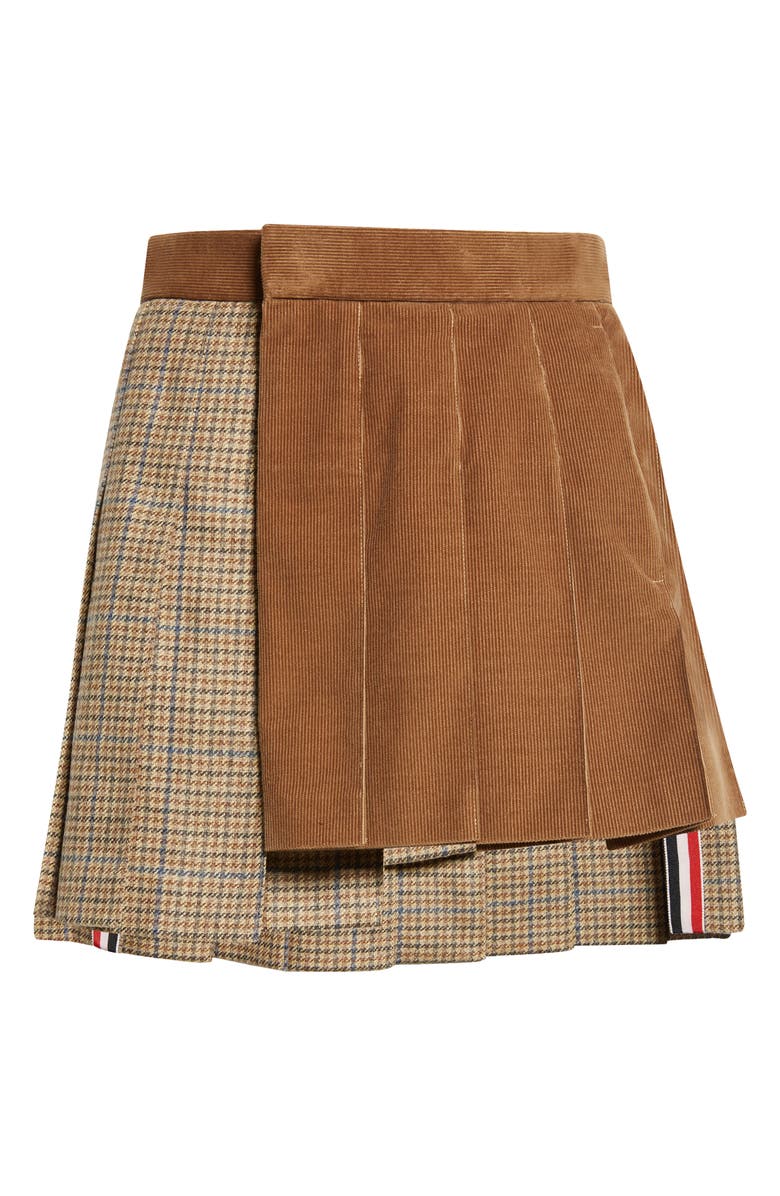 Thom Browne Pleated Mixed Media Miniskirt, Alternate, color, Brown