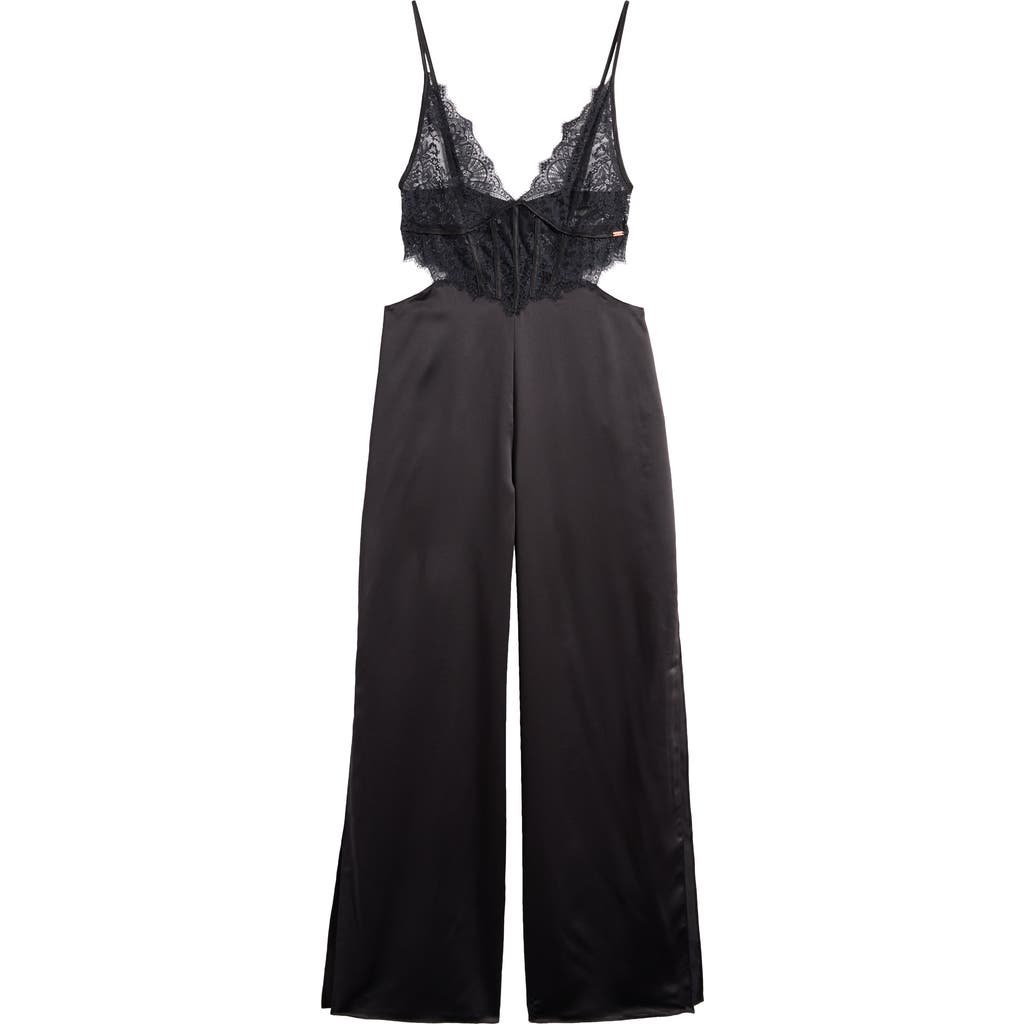 Hunkemoller Hunkemöller Zoe Cutout Lace Trim Satin Jumpsuit In Black