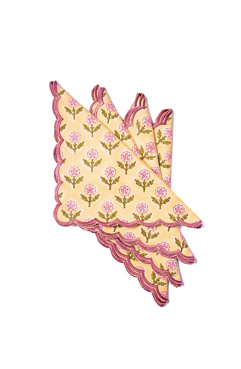 Inner Child Mona Scallop Embroidered Blockprint Napkins - Set of 4, Main, color, Butter Yellow