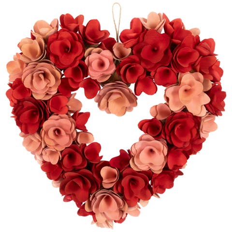 Wooden Flower Artificial Valentine's Day Wreath - 15" - Red and Pink