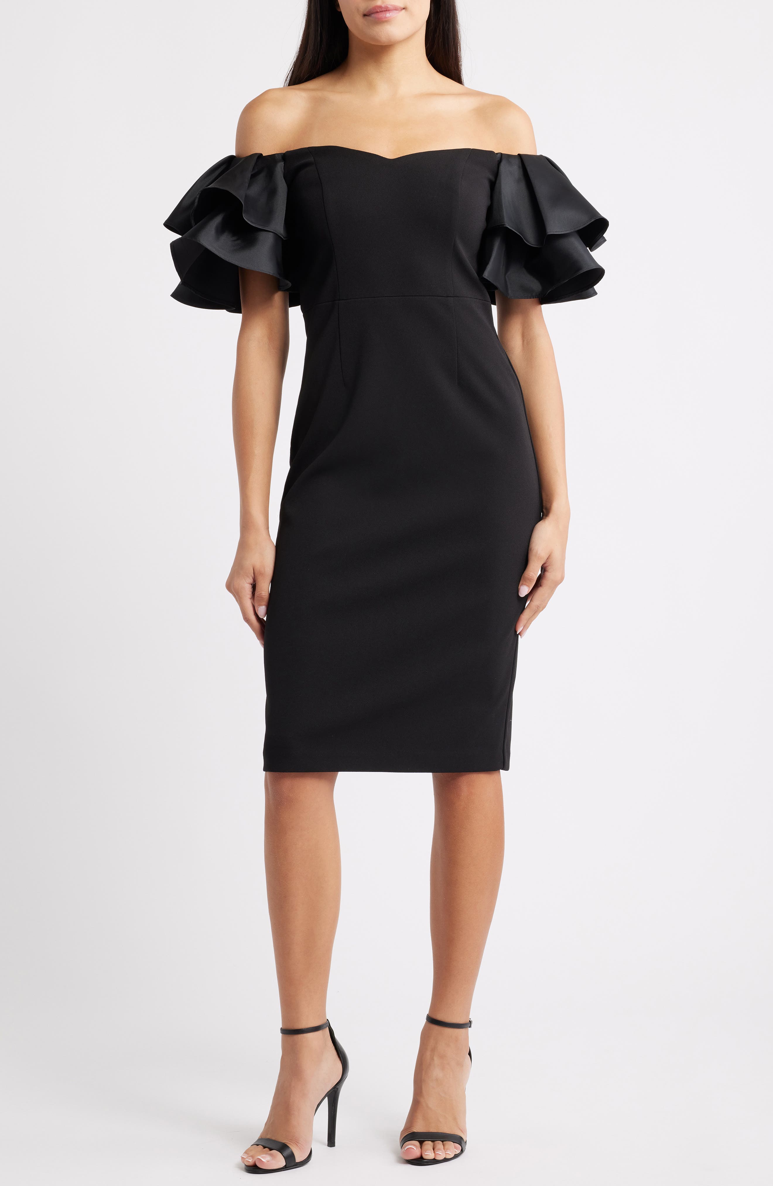 Eliza J Ruflle Sleeve Off the Shoulder Cocktail Sheath Dress