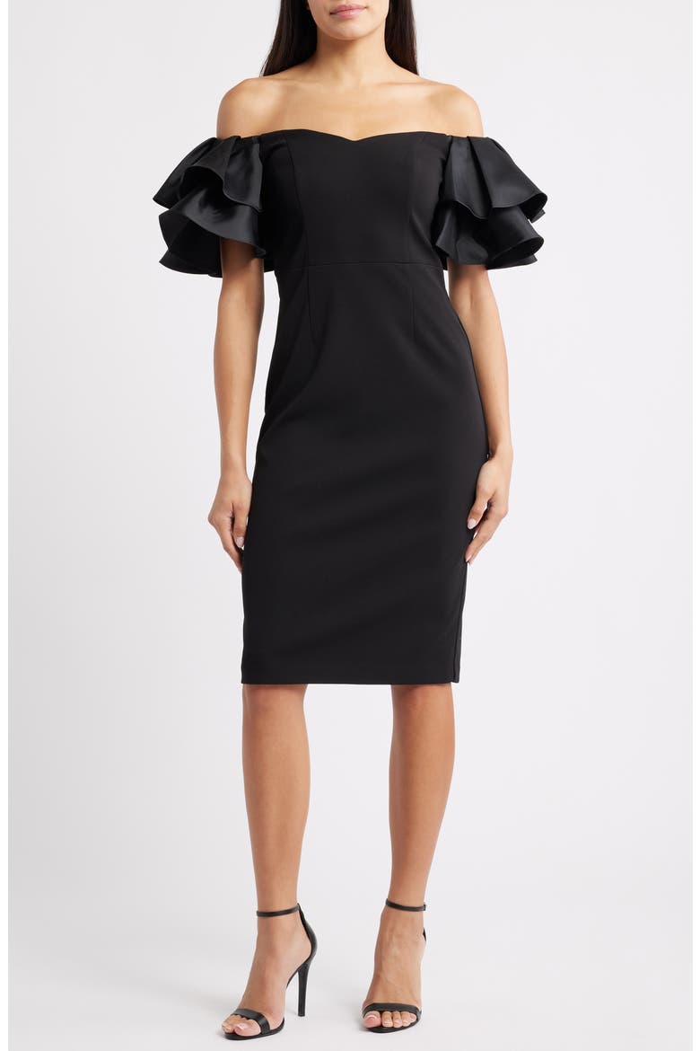 Ruflle Sleeve Off the Shoulder Cocktail Sheath Dress, Main, color, BLACK
