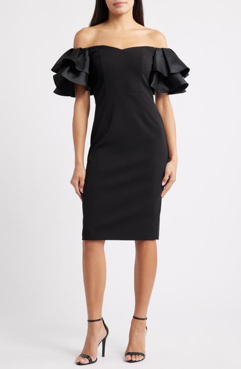 Ruflle Sleeve Off the Shoulder Cocktail Sheath Dress