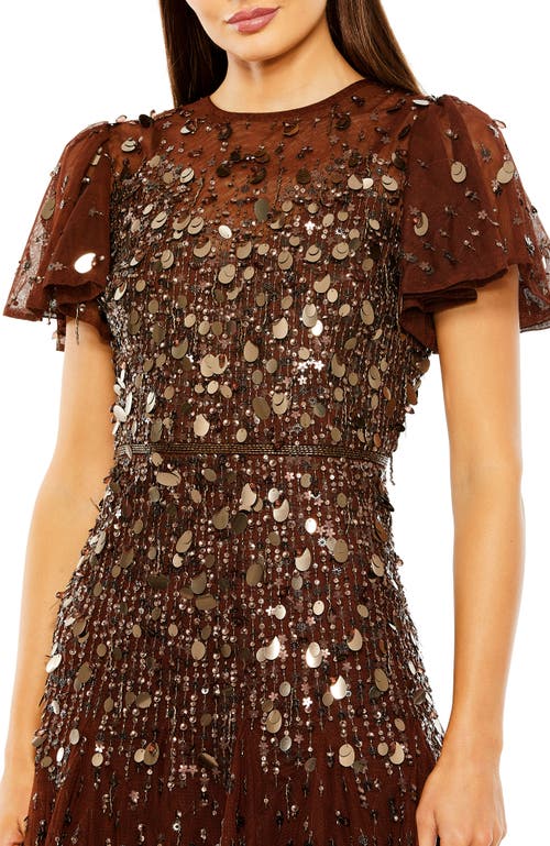 Mac Duggal Flutter Sleeve Sheer Top Beaded Dress In Brown