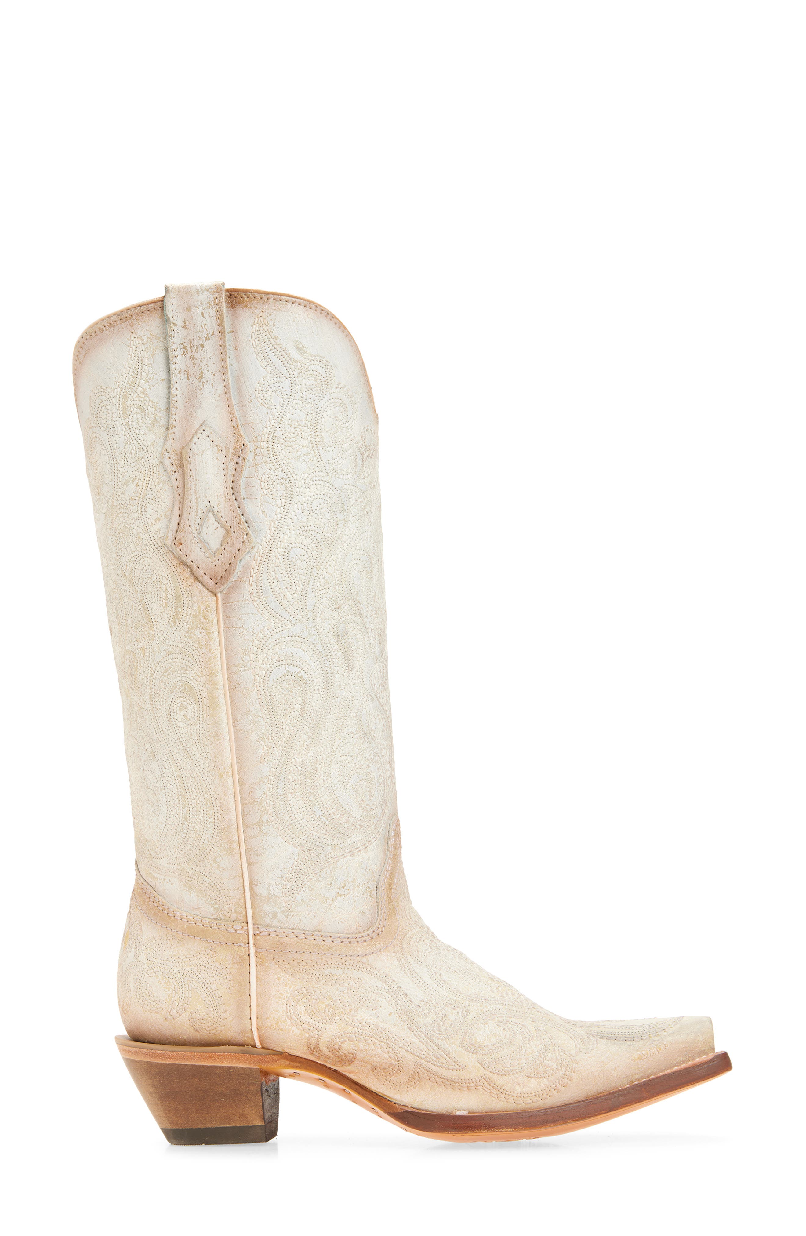 CORRAL Embroidered Crackled Mid Calf Western Boot, Alternate, color, White