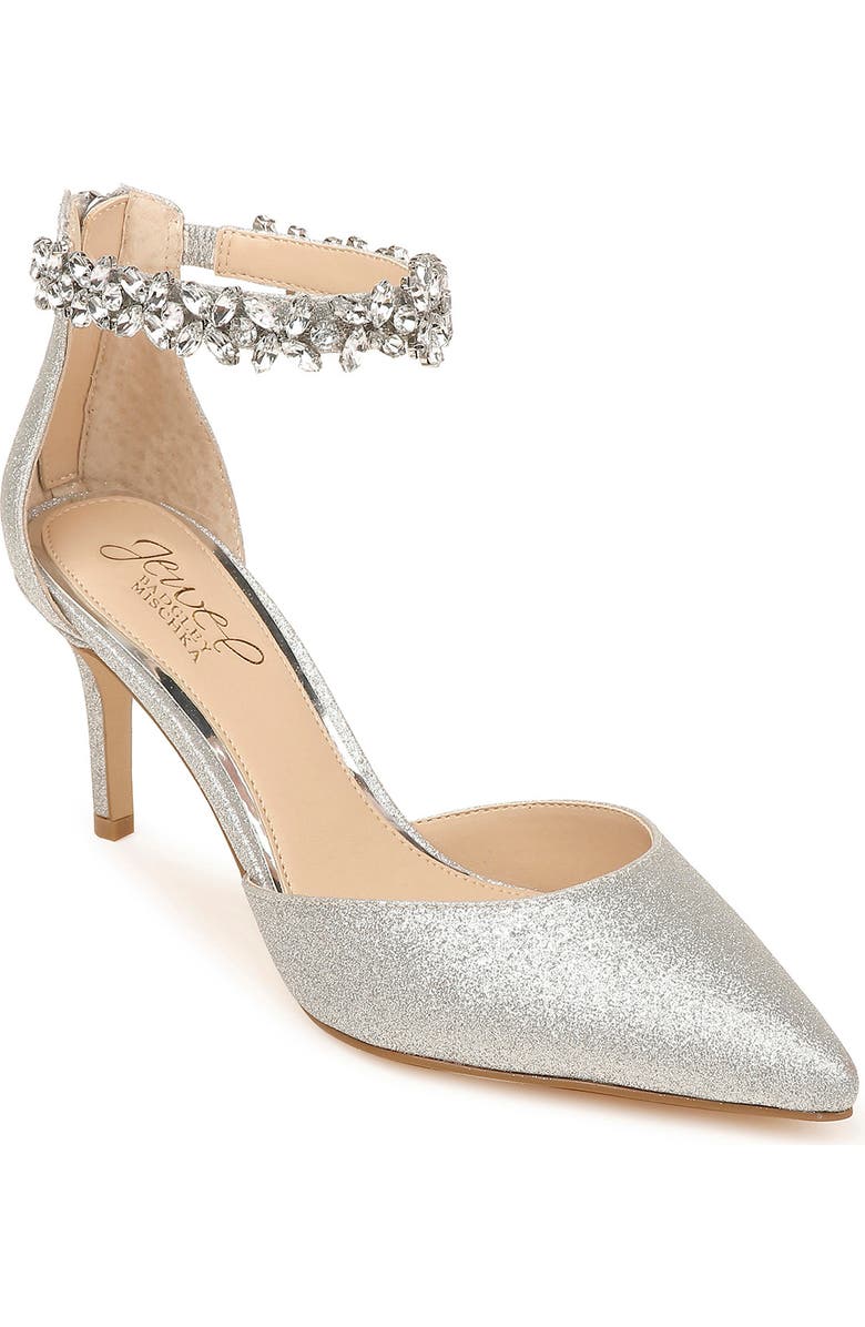 Jewel Badgley Mischka Raleigh Pointed Toe Ankle Strap Pump, Main, color, Silver Glitter