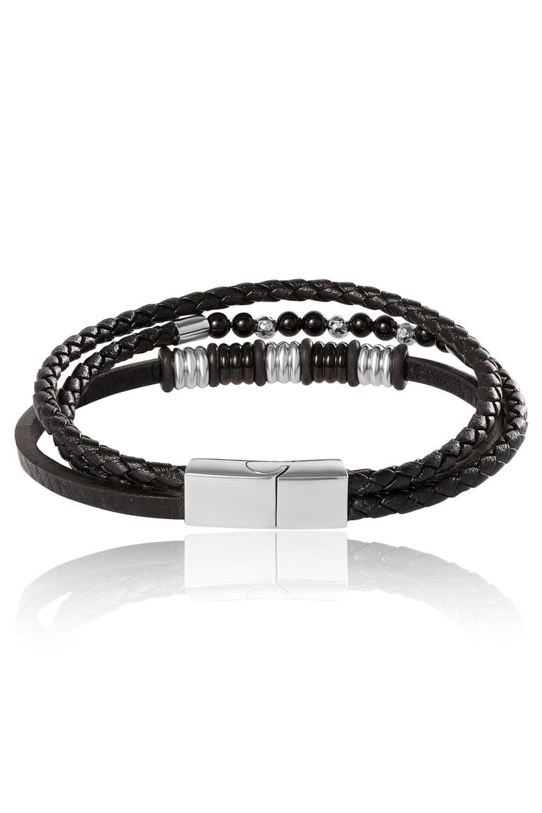 Stainless Steel Triple Row Black Cord Bracelet - 8.25", Alternate, color, Black, silver