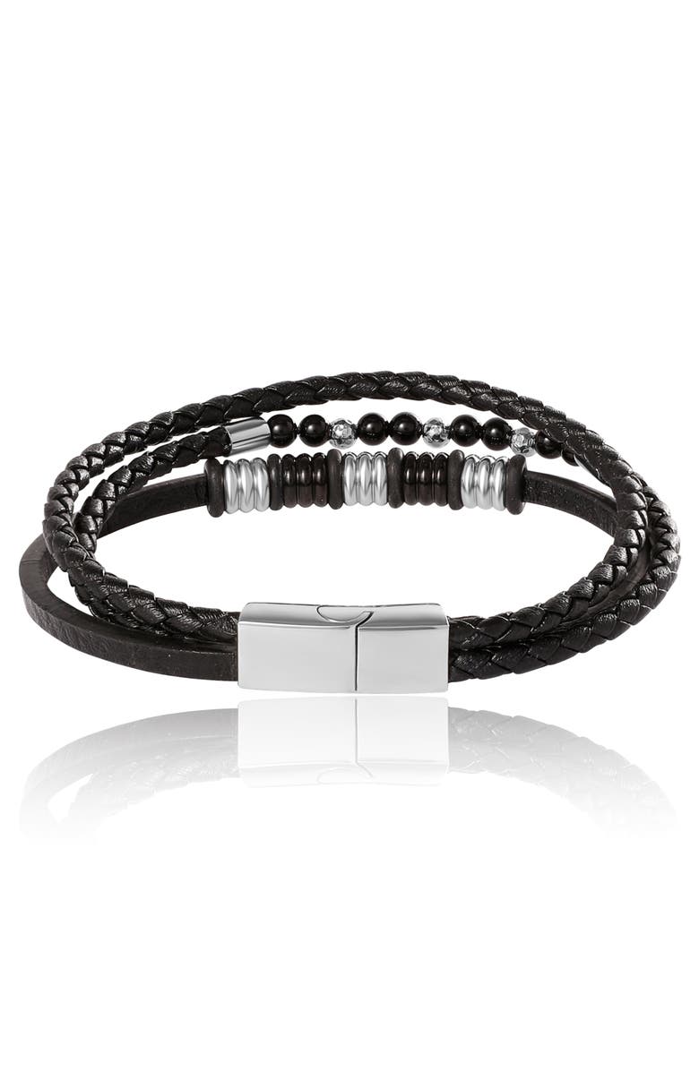 Lucky Brand Stainless Steel Triple Row Black Cord Bracelet - 8.25", Alternate, color, Black, Silver
