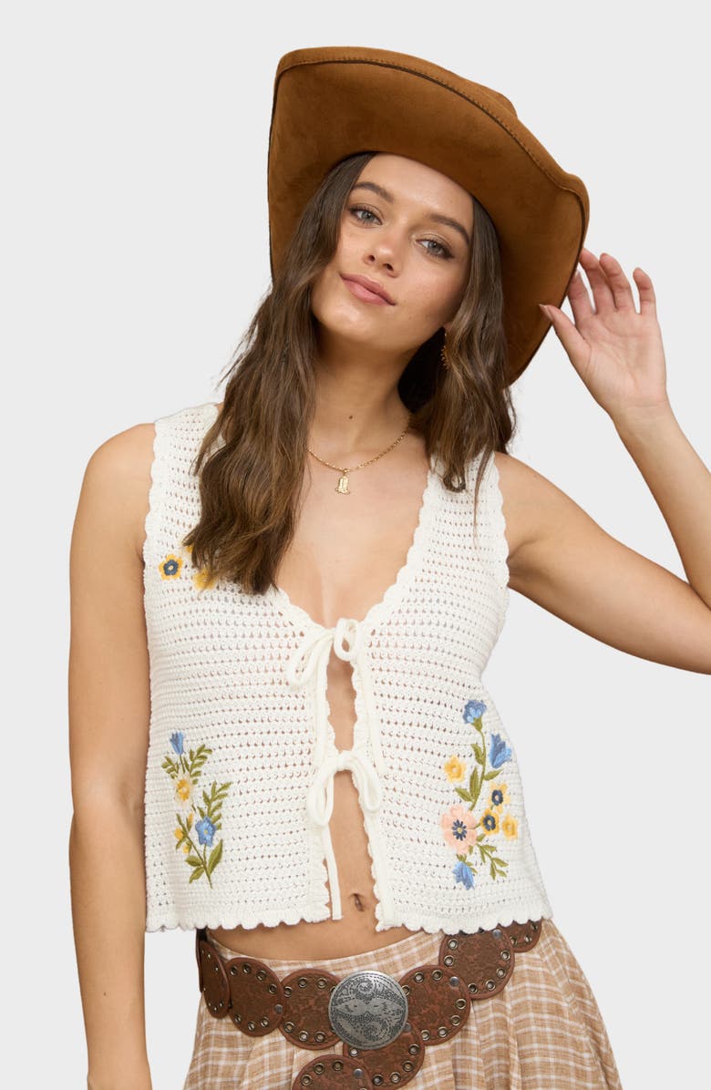 Blu Pepper Floral Embroidered Tie Front Sweater Vest, Alternate, color, Ivory