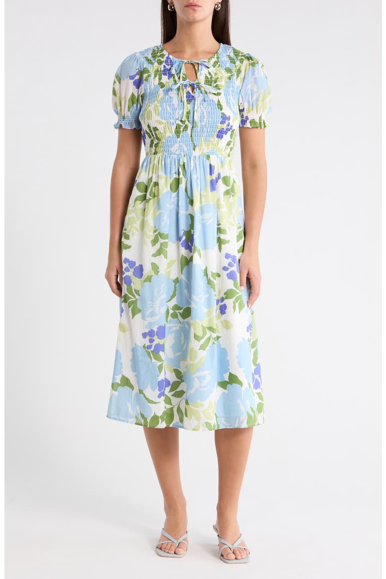 Tamry Smocked Midi Dress, Main, color, WHTE-BLUE-MULTI
