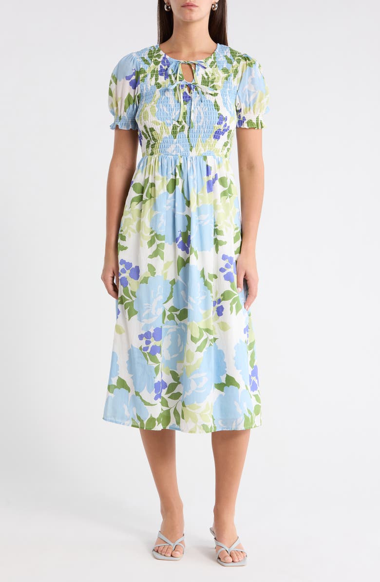SUGARLIPS Tamry Smocked Midi Dress, Main, color, Whte-Blue-Multi
