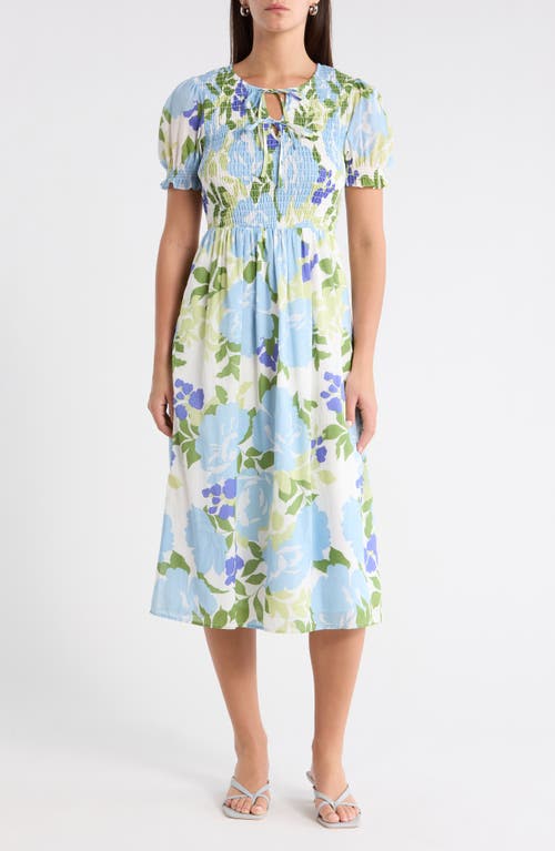 SUGARLIPS Tamry Smocked Midi Dress in Whte-Blue-Multi at Nordstrom, Size Small