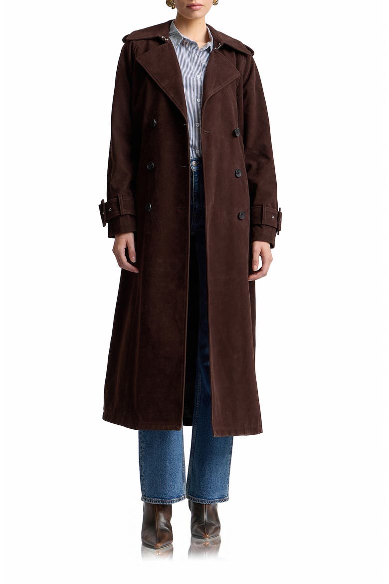 Double Breasted Faux Suede Trench Coat, Main, color, CHOCOLATE