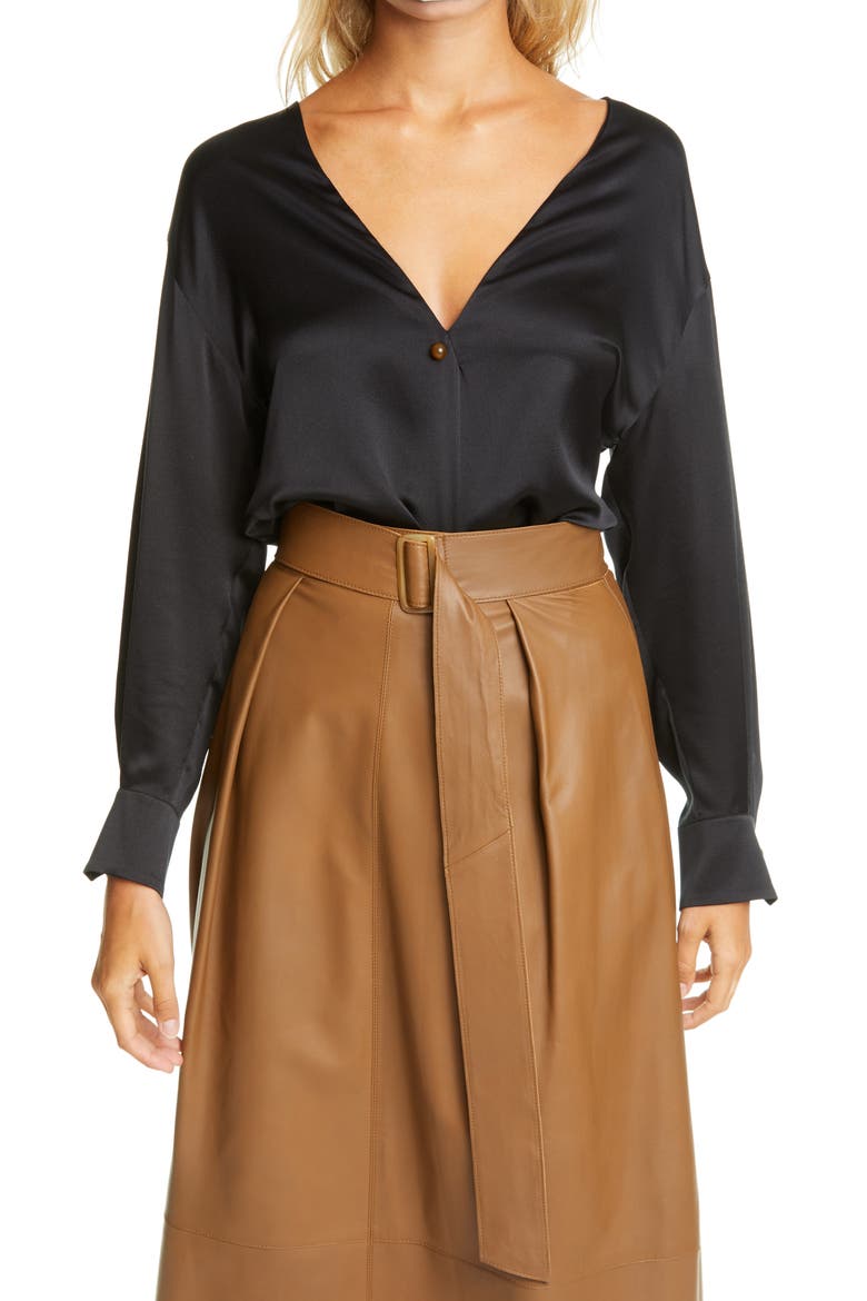 V-Neck Ball Button Silk Blouse, Main, color, BLACK
