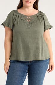 MAX STUDIO Embellished Yoke Flutter Sleeve Top