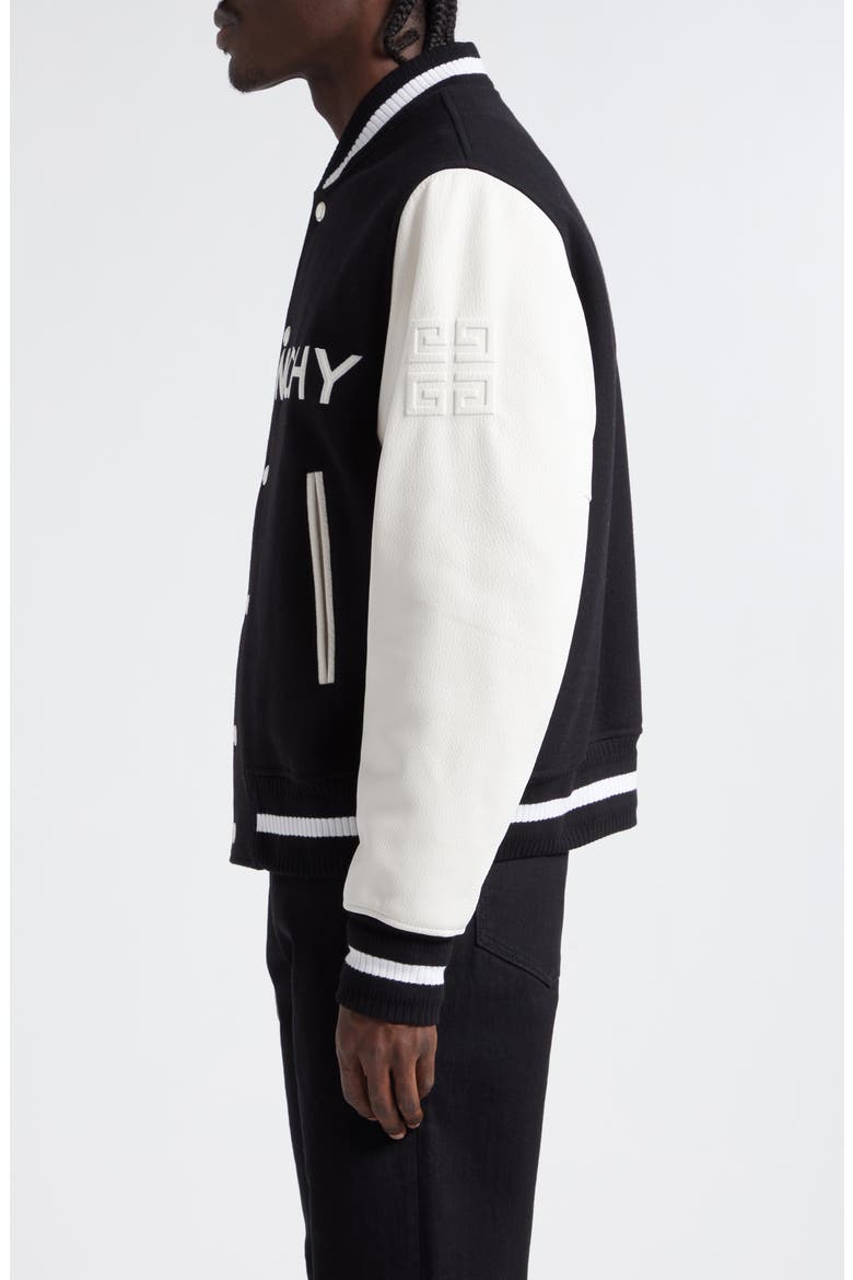 Embroidered Logo Mixed Media Leather & Wool Blend Varsity Jacket