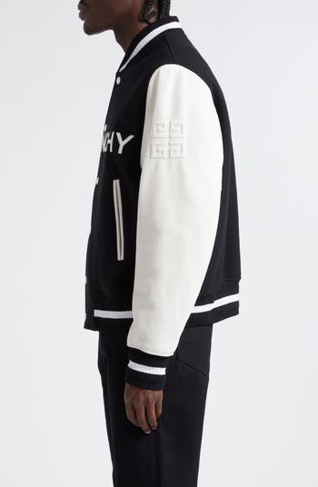 Embroidered Logo Mixed Media Leather & Wool Blend Varsity Jacket