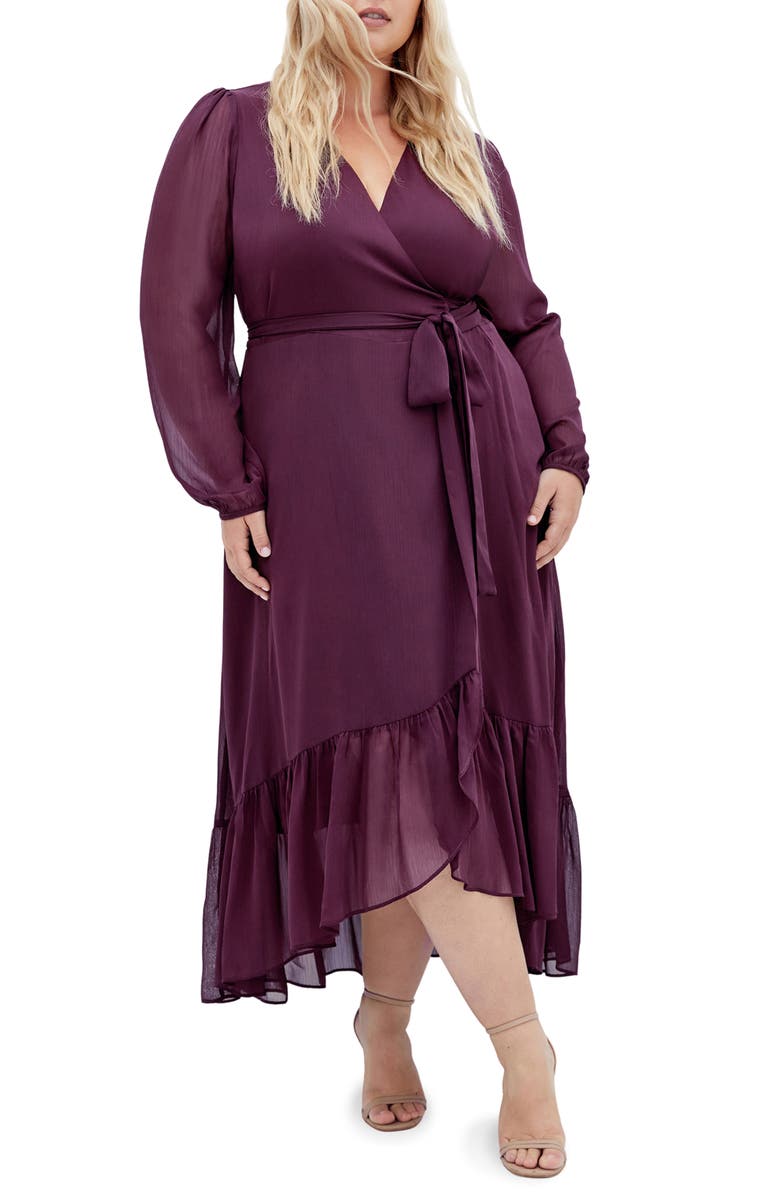 City Chic Instinct Long Sleeve Wrap Dress, Main, color, Spiced Plum