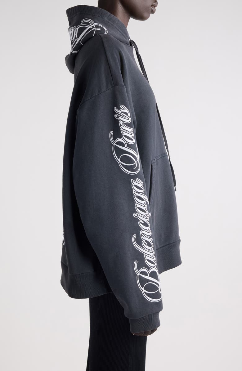 Balenciaga Oversize Logo Cotton Hoodie, Alternate, color, 6552 Washed Black 2/ White