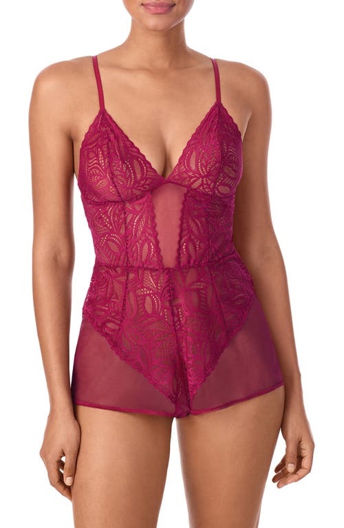 Dkny Deco Lace & Mesh Romper In Burgundy