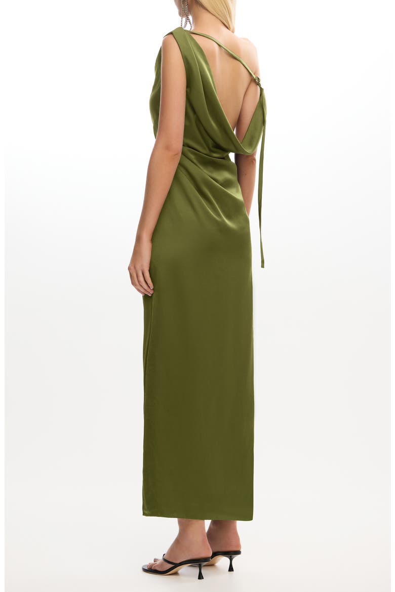 Alyssa Pleated One-Shoulder Satin Gown, Alternate, color, FERN