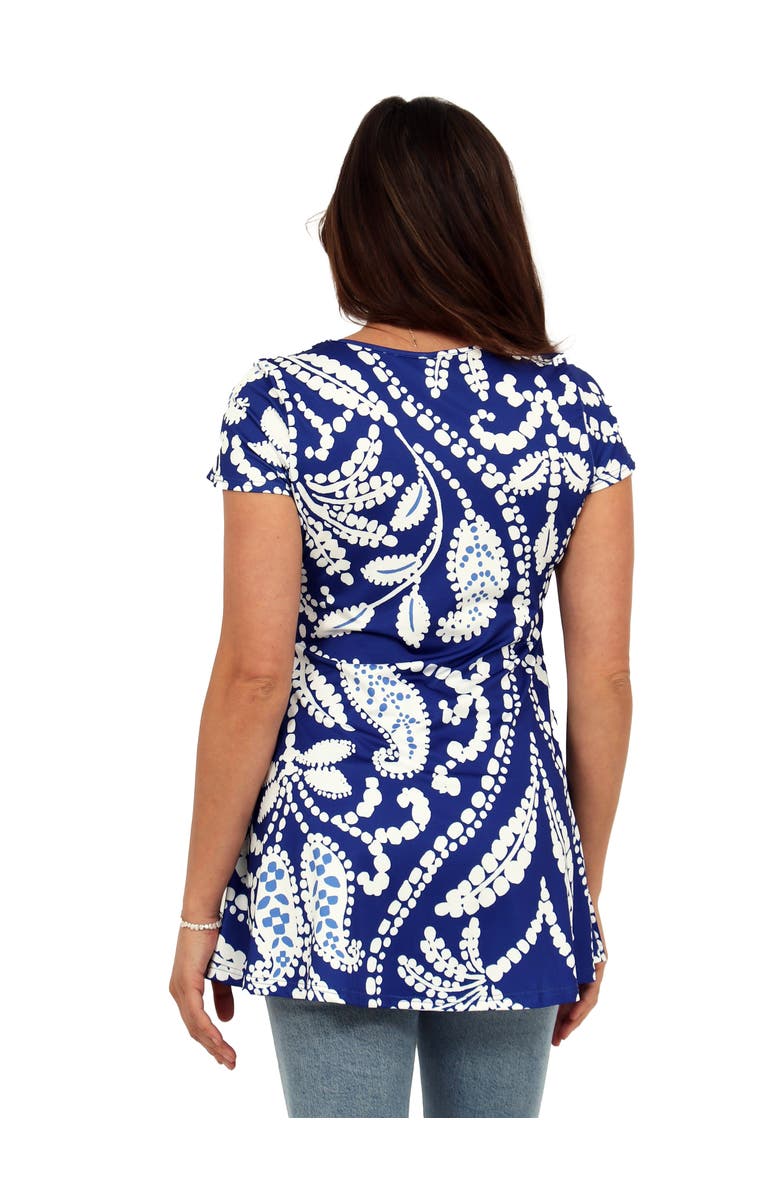 24seven Comfort Apparel Basic Paisley Print V-Neck Short Sleeve Flared Tunic Top, Alternate, color, Blue Multi