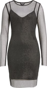 bebe Rhinestone Mesh Long Sleeve Cocktail Minidress