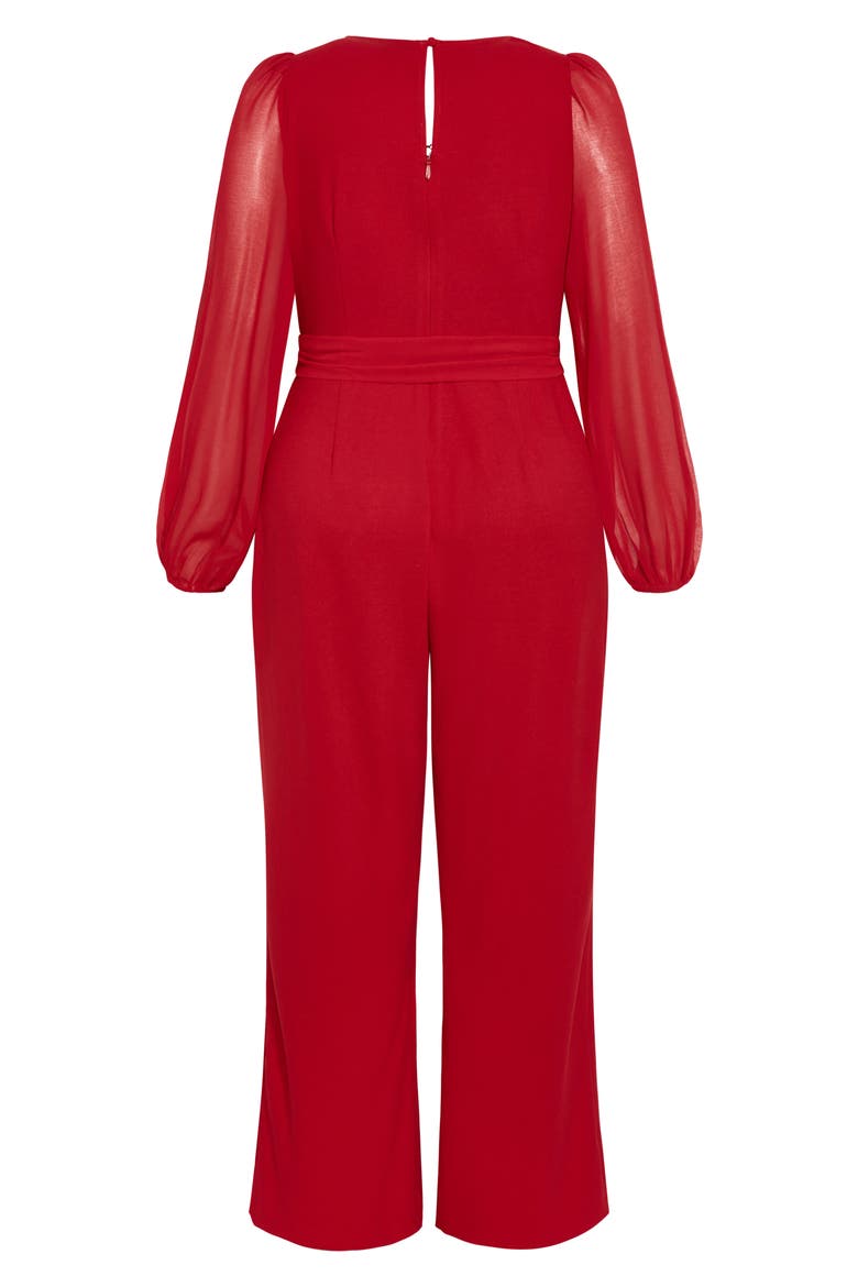 Belted Sheer Long Sleeve Jumpsuit, Alternate, color, CHERRY