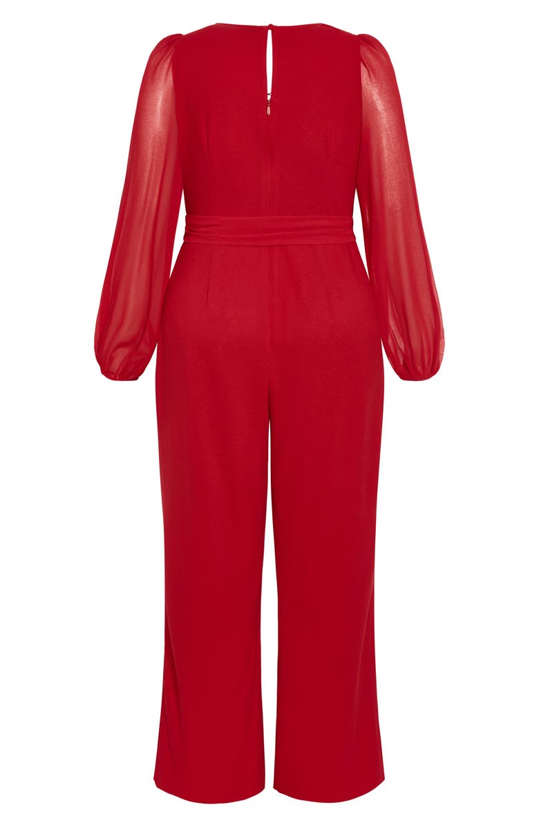 City Chic Belted Sheer Long Sleeve Jumpsuit, Alternate, color, Cherry