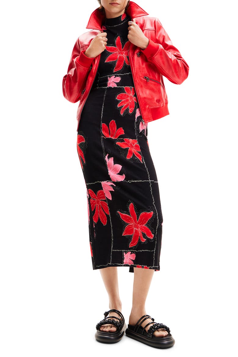 Floral Ribbed Midi Dress, Main, color, RED