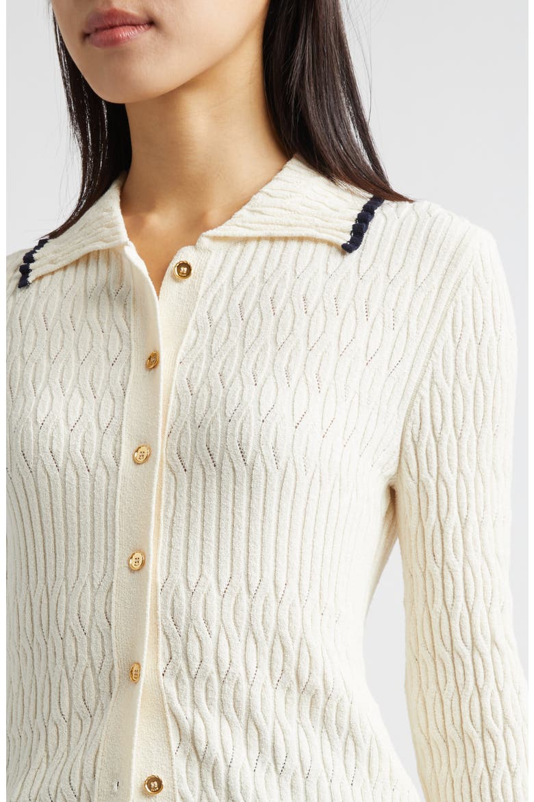 Contrast Trim Pointelle Cable Knit Cardigan, Alternate, color, IVORY