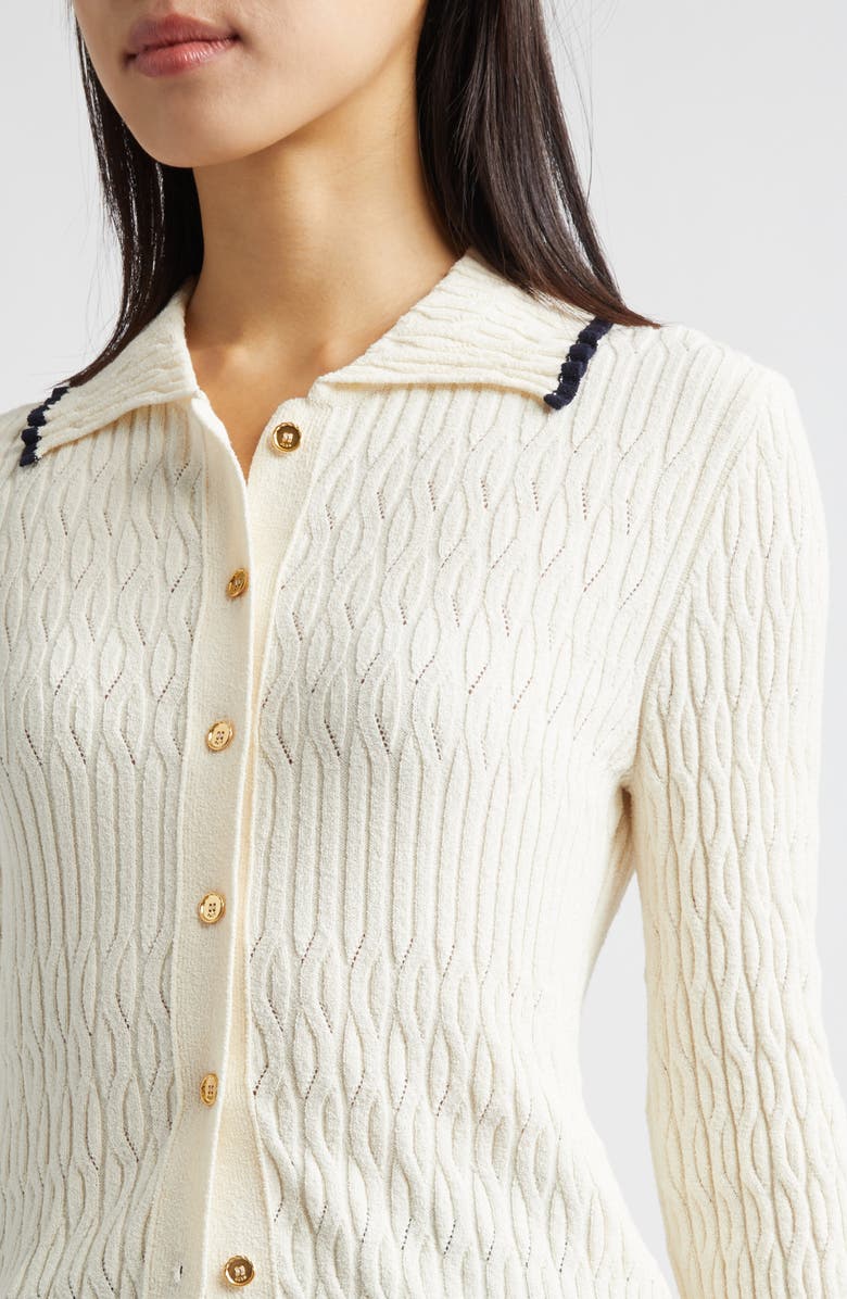 EENK Contrast Trim Pointelle Cable Knit Cardigan, Alternate, color, Ivory