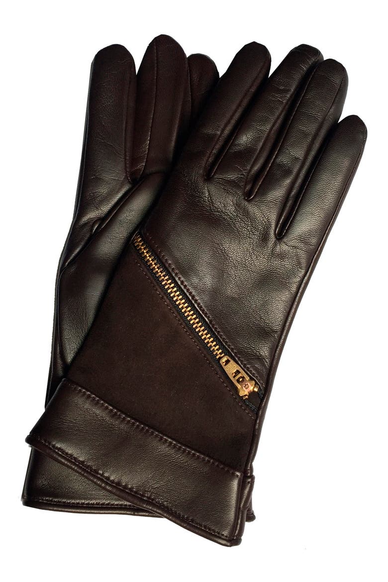 Jacqueline 2 Back Zip Leather & Suede Gloves, Main, color, BROWN