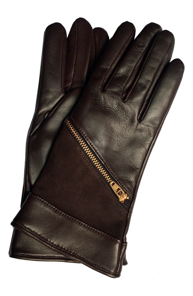 Paula Rowan Jacqueline 2 Back Zip Leather & Suede Gloves, Main, color, Brown