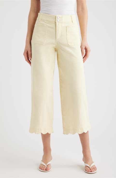 Scallop Patch Pocket High Waist Crop Wide Leg Twill Pants