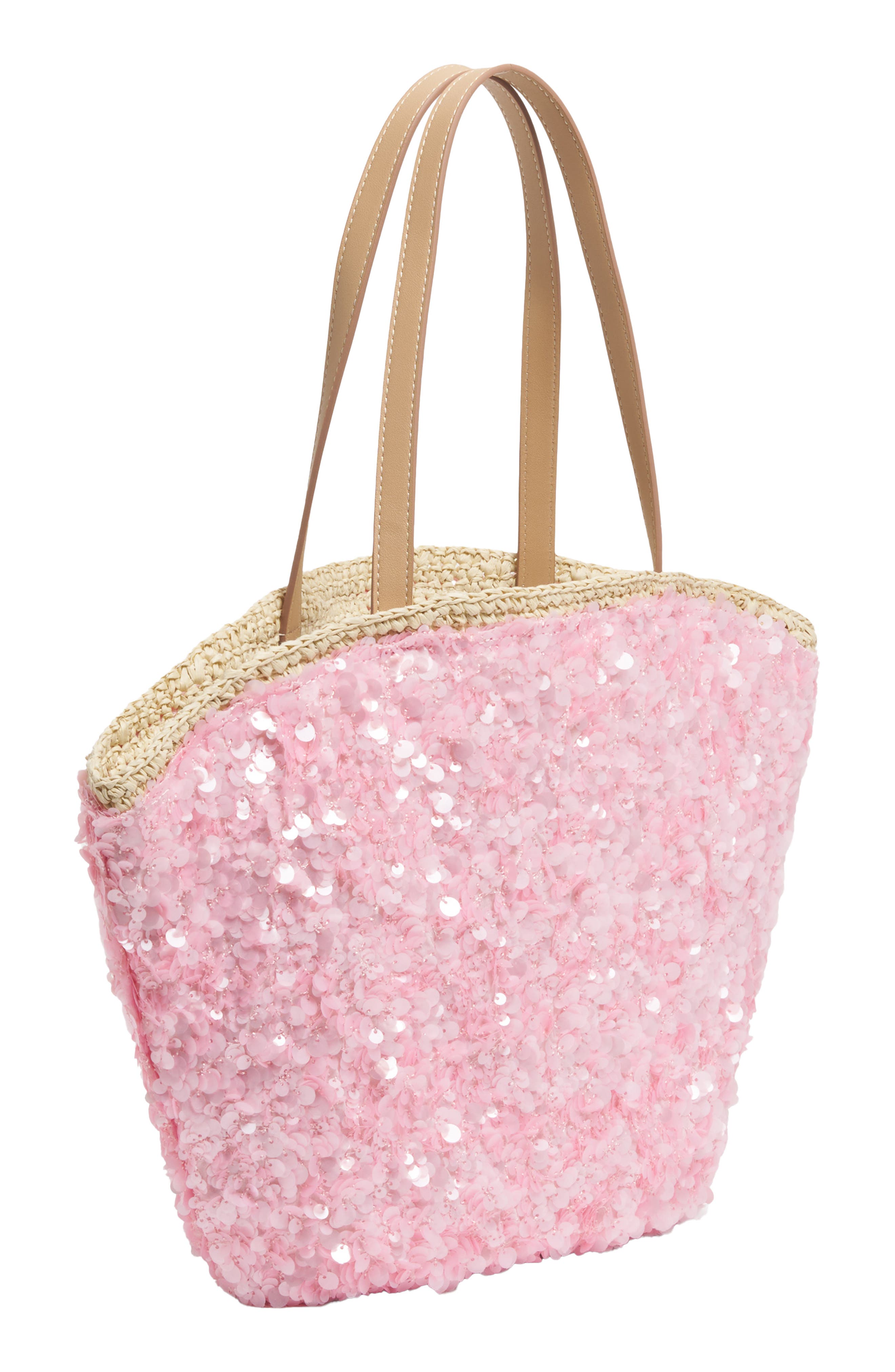 Stoney Clover Lane Curve Sequin Raffia Tote, Alternate, color, Sequined Pink