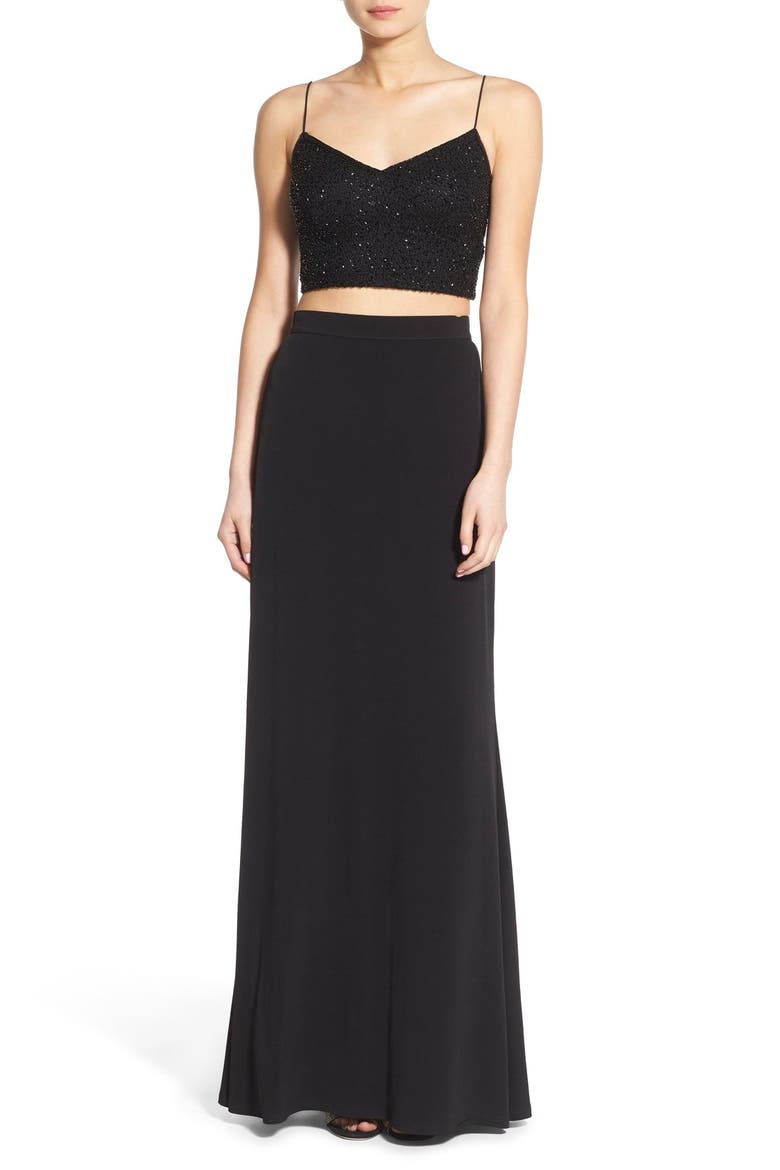 Two-Piece Sequin Jersey Gown, Main, color, BLACK