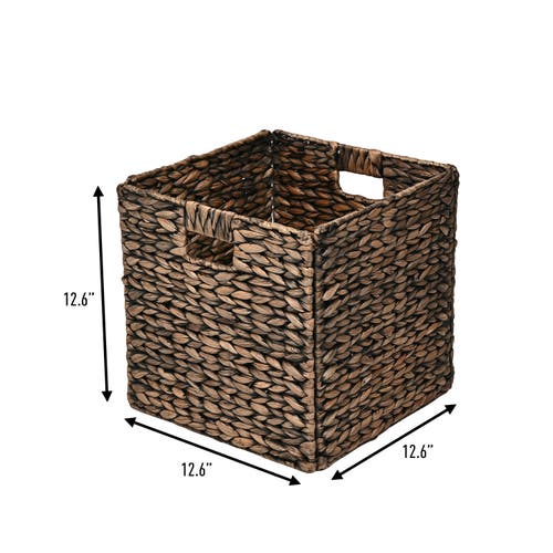 Happimess Bryce Classic Farmhouse Handwoven Hyacinth Collapsible Storage Cube Baskets With Handles, In Brown