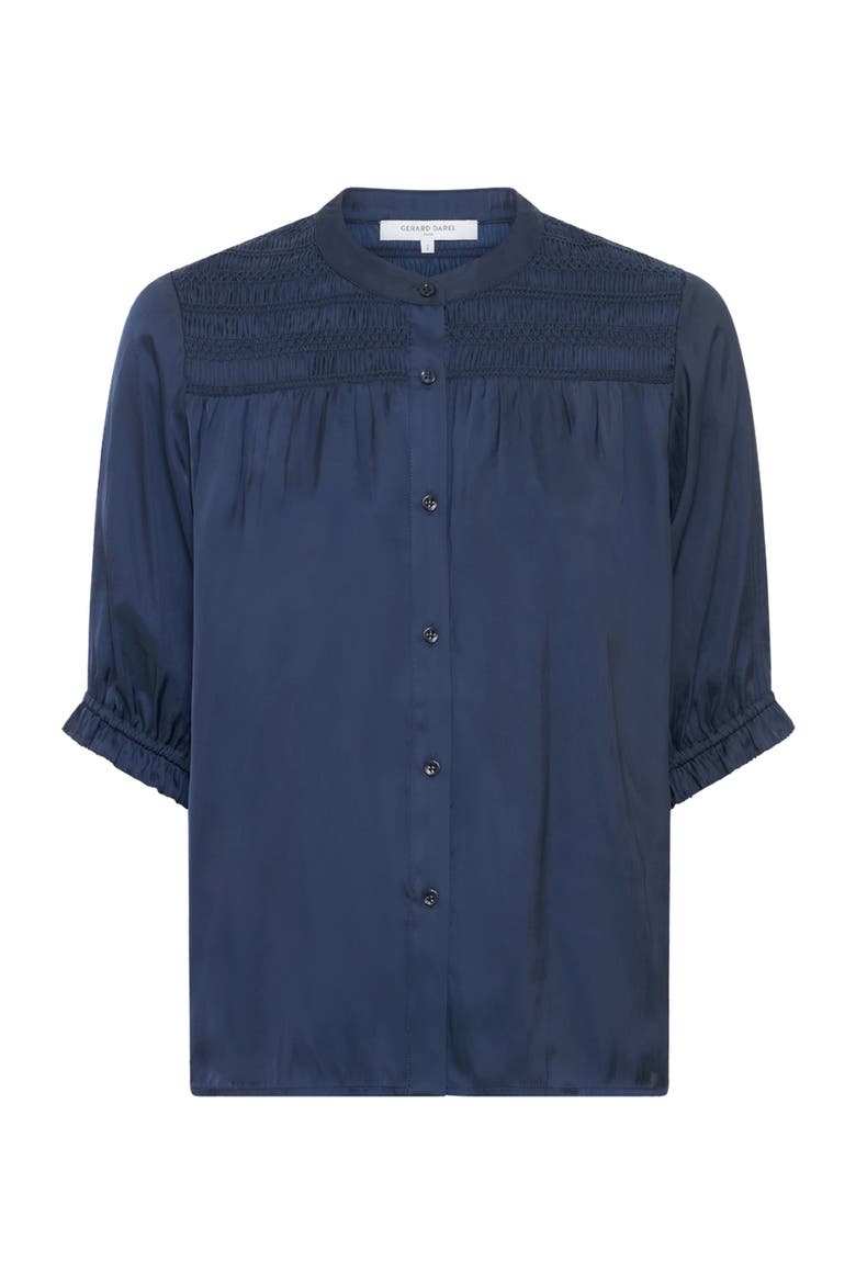 Catrine Satin Shirt With Mandarin Collar, Alternate, color, Navy Blue