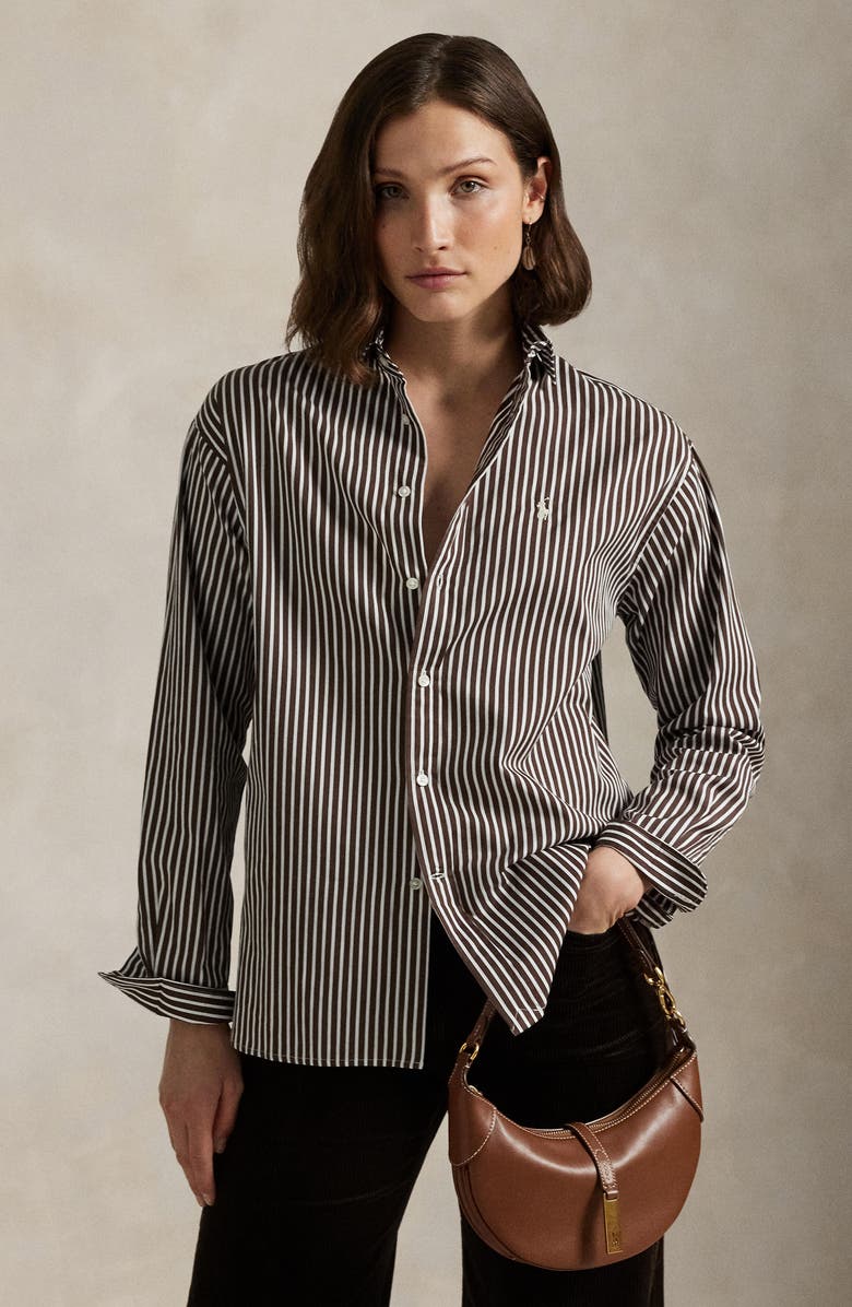 Polo Ralph Lauren Stripe Relaxed Fit Cotton Button-Up Shirt, Alternate, color, Brown/ White