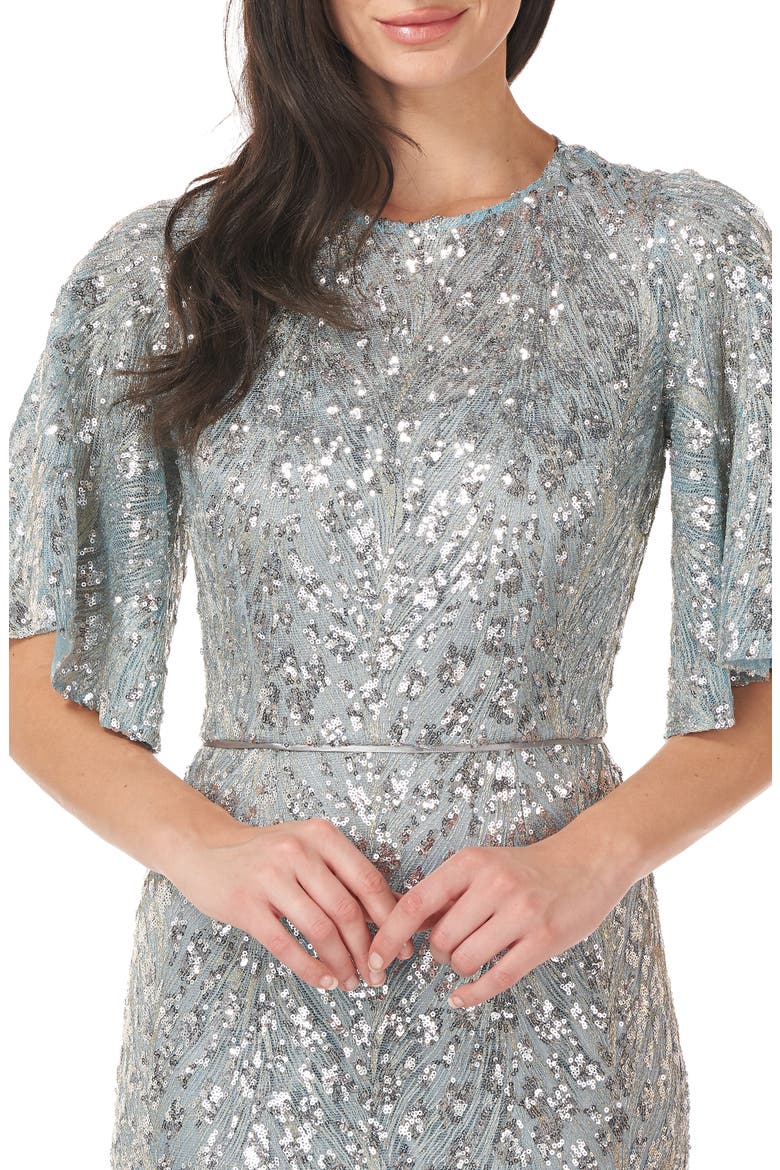 Sequin Flutter Sleeve Trumpet Gown, Alternate, color, SPEARMINT SILVER