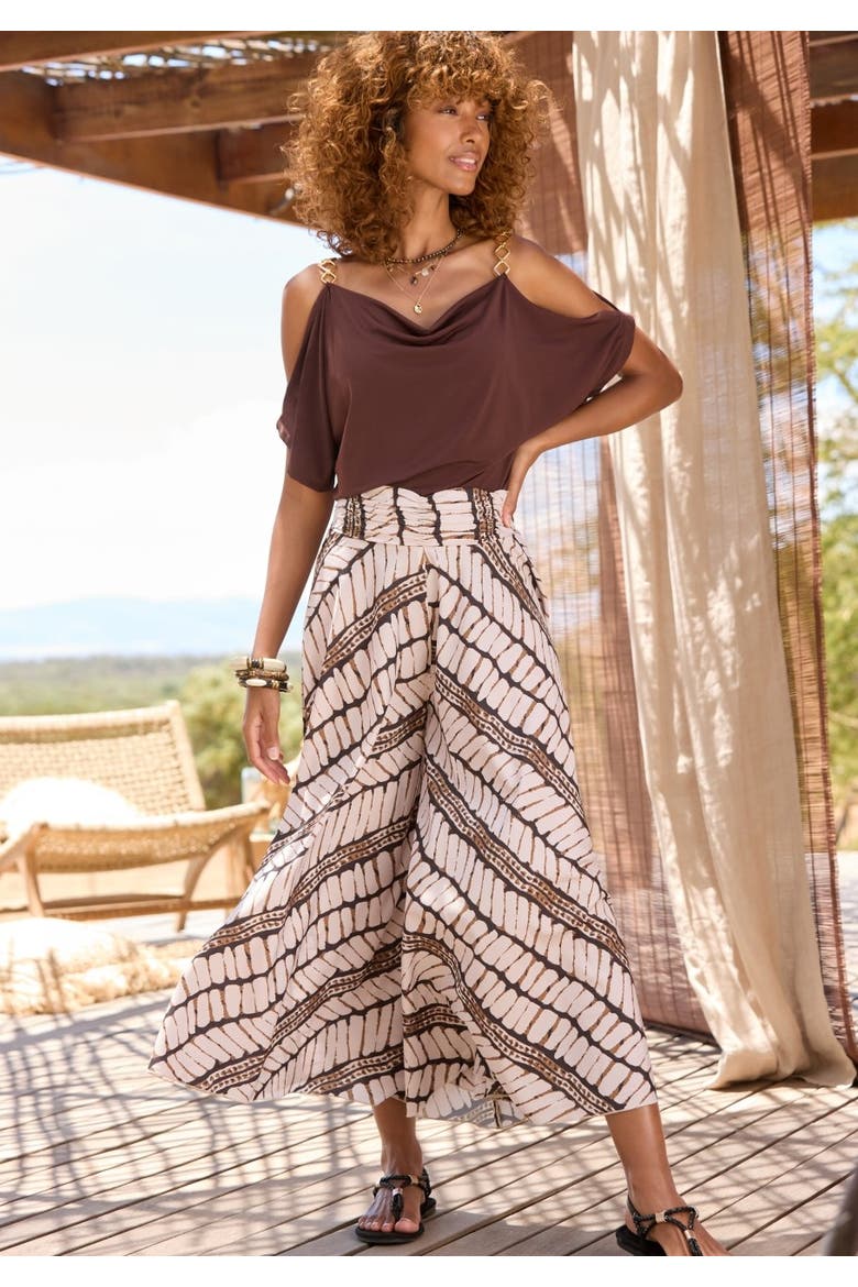 Printed Flowy Culottes, Alternate, color, Beige & Brown
