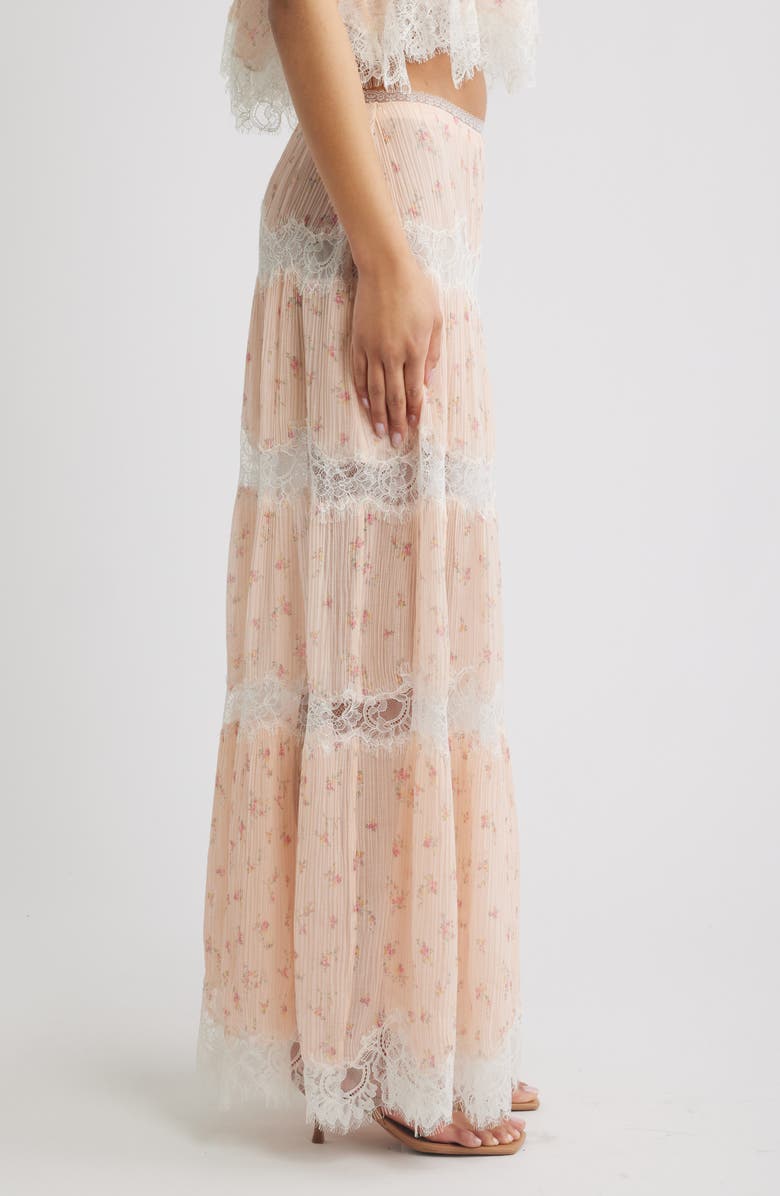 LoveShackFancy Everhart Floral Lace Detail Silk Chiffon Maxi Skirt, Alternate, color, Sweet Nectar