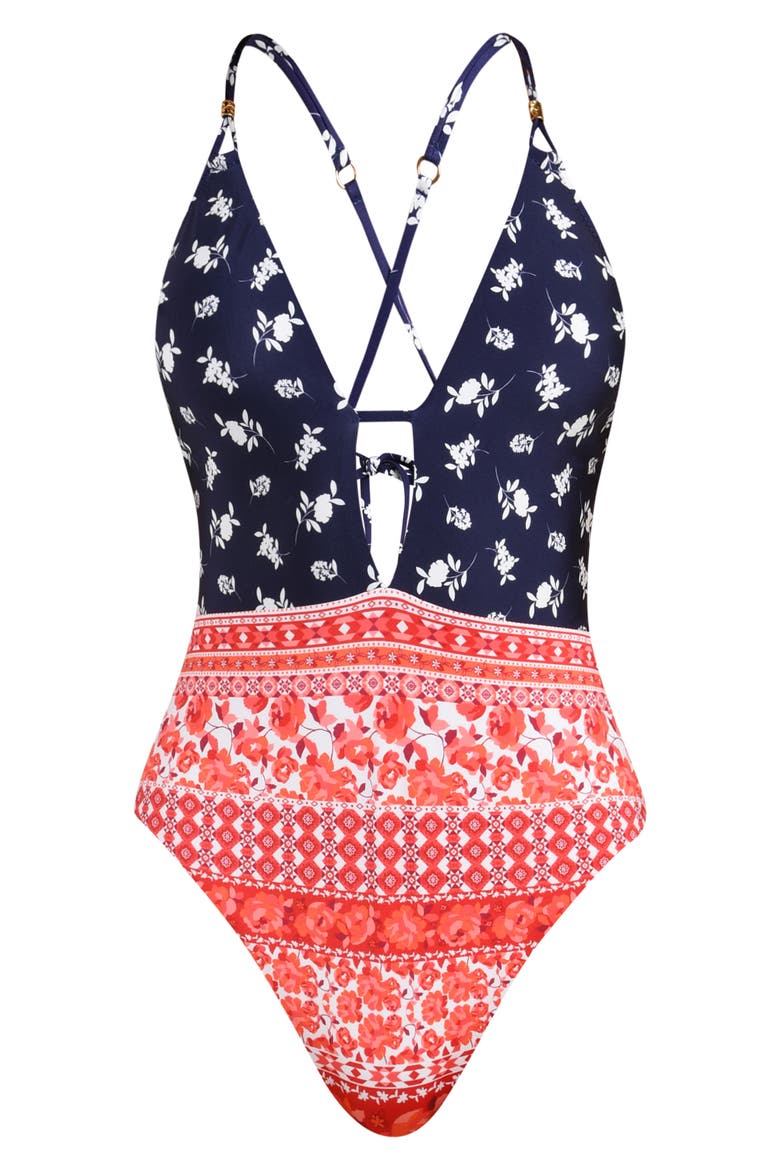 Flowers & Stripes One-Piece Swimsuit, Alternate, color, RED MULTI