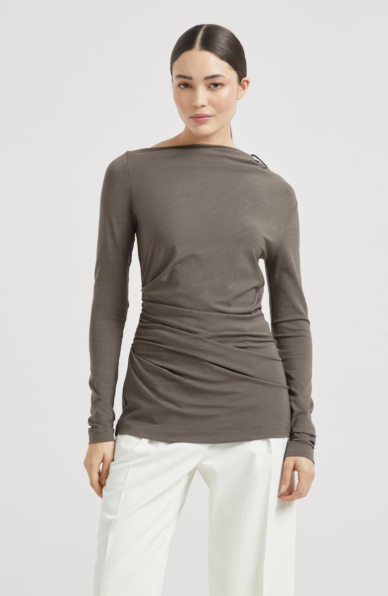 Brunello Cucinelli Ruched T-shirt with monili, Alternate, color, Mud