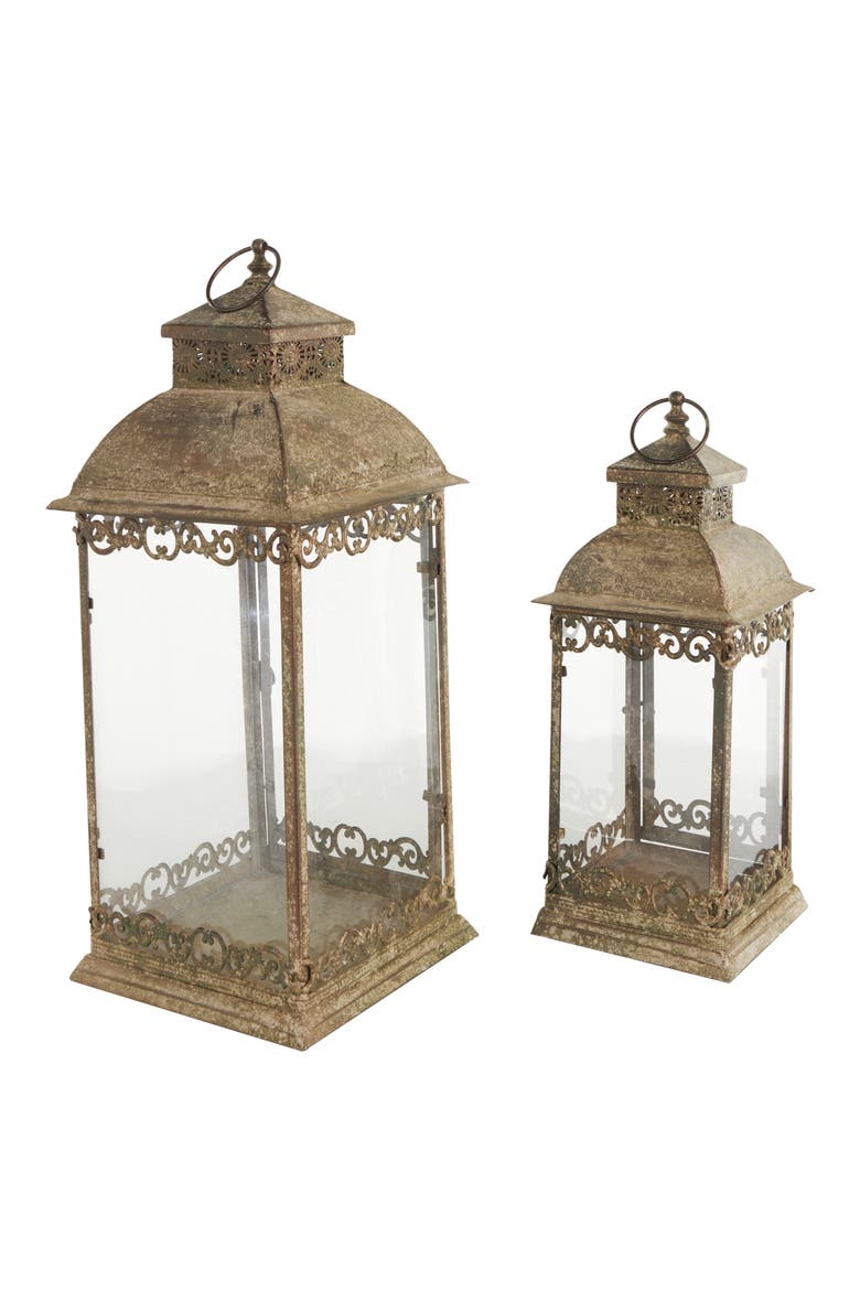Set of 2 Lantern Candleholders, Alternate, color, BROWN