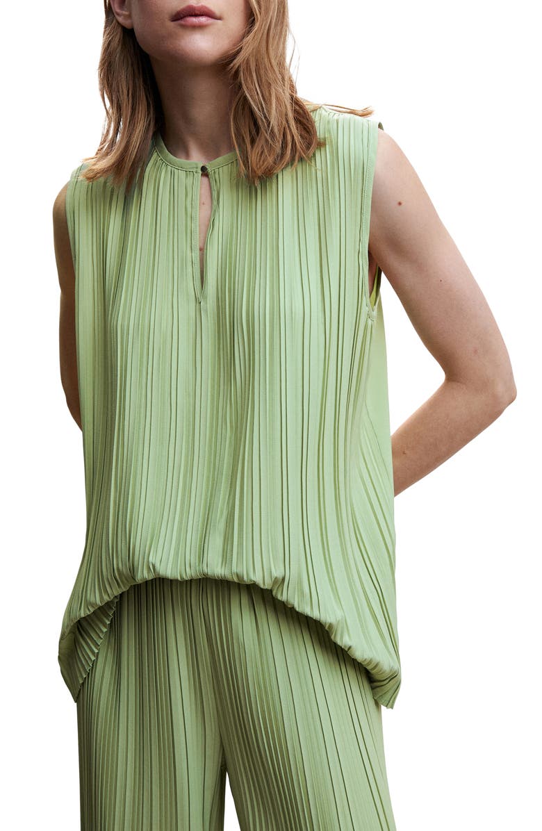 MANGO Pleated Keyhole Blouse, Main, color, Green
